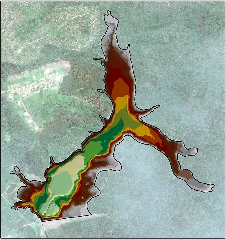 Bathymetric map of a reservoir shown over satellite imagery, with depth bands from shallow to deep