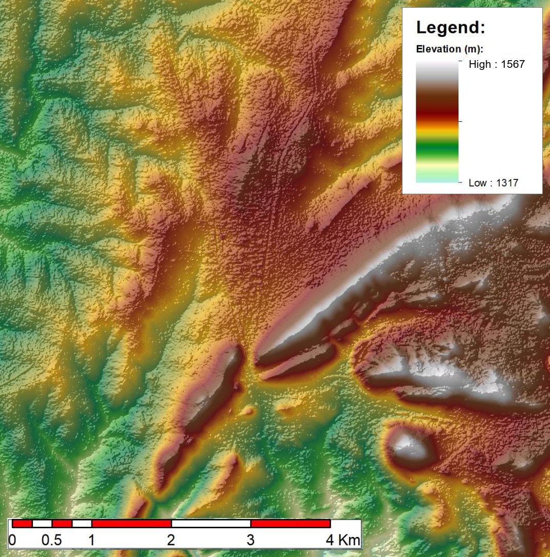 Elevation map of a sample area, coloured by height
